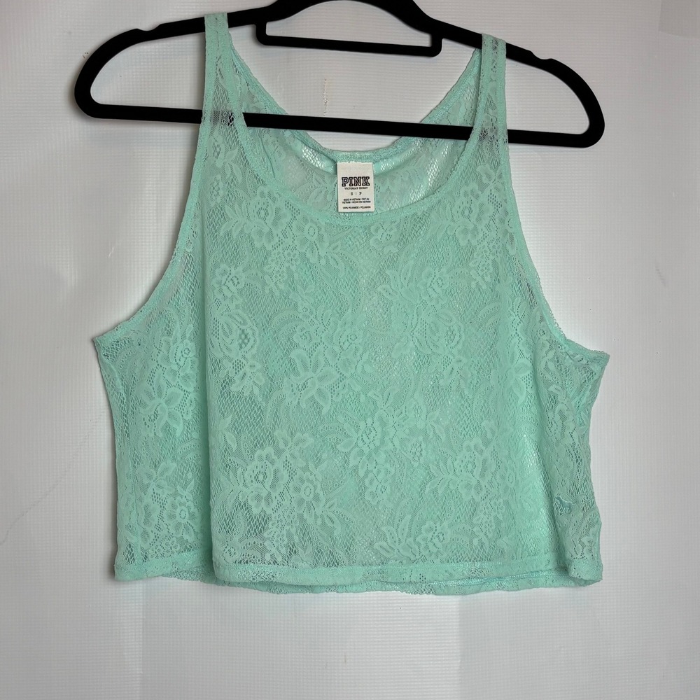 PINK Y2K 2010 Victoria's Secret Mint‎ Green Floral Lace Crop Tank Top Small